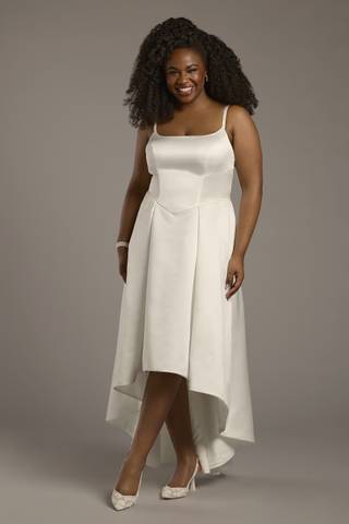 View DB Studio Satin Spaghetti Strap High-Low Dress in all available color and sizes Picture of Satin Spaghetti Strap High-Low Dress